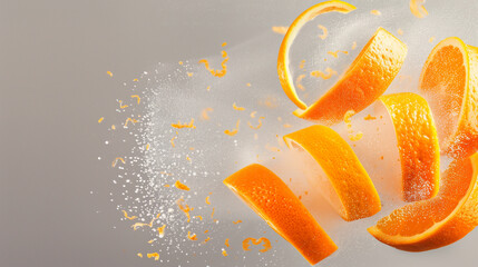Vibrant orange slices and zest captured mid-air with a dusting of sugar