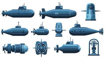 Collection of blue submarine designs in flat style with naval equipment elements