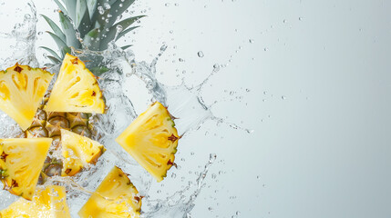 Fresh pineapple slices splashing into clear water with dynamic water droplets