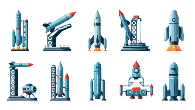 Set of rocket icons showcasing various launch pad designs in flat style