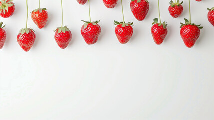 Fresh ripe strawberries hanging on thin green stems against a clean white background