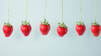 Six ripe strawberries hanging by their stems against a soft blue background