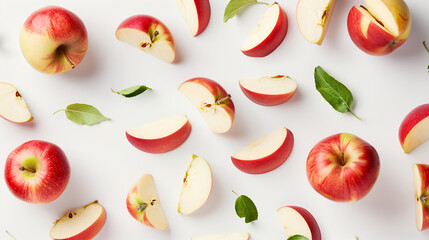 Fresh red apples and slices artfully arranged on a clean white background for a vibrant display