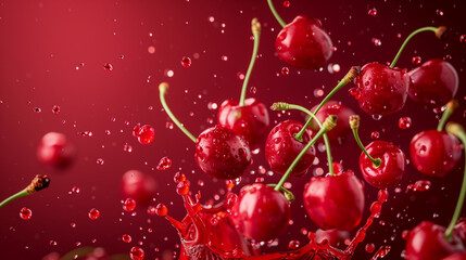 Fresh red cherries with water droplets splash in mid-air against a dark red background