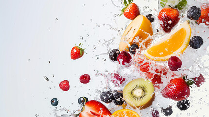 Assortment of fresh berries and citrus fruits splashing into clear water with dynamic motion
