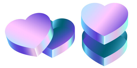 3D Arctic Blue Holographic Heart Isolated on Transparent Background, Cyber Blue Iridescent Shapes...