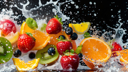 Vibrant fresh fruits splashing into water with a dark background and dynamic water splashes