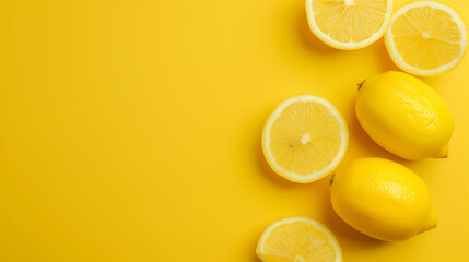 Bright yellow lemons and slices arranged on a vibrant yellow background for a fresh look