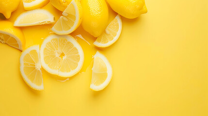 Freshly Sliced Lemons and Whole Fruits Scattered on a Vibrant Yellow Background