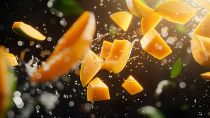 Fresh mango slices and water splashes in motion against a dark background