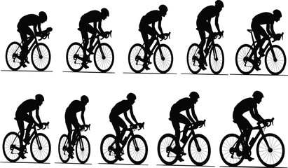 Fototapeta premium Silhouettes of a Cyclist in Motion Showing Different Stages of a Race Keywords: silhouette, cyclist, bicycle, racing, sport