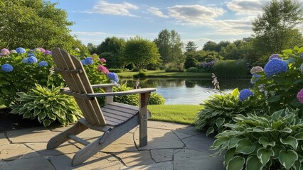 A wooden Adirondack chair with a view of a pond and lush greenery in a garden setting.
