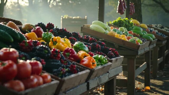 Fresh vegetables and berries displayed in wooden crates at outdoor farmers market in warm morning light