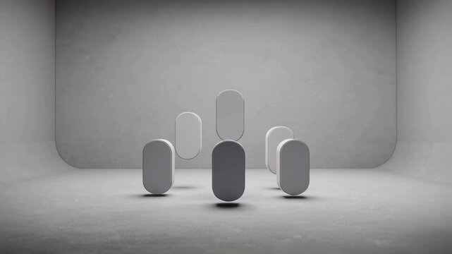 Floating rounded rectangular blocks hovering in minimalist gray studio, abstract 3D geometric animation