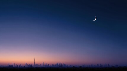 Dubai skyline at twilight with mosque silhouettes and crescent moon, Islamic background