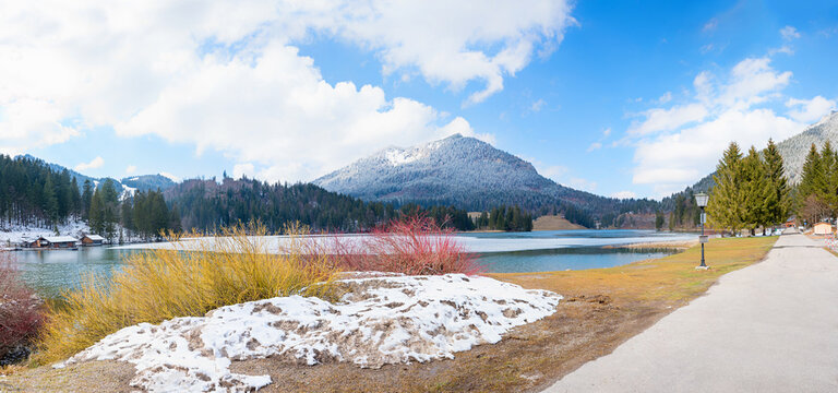 lakeside promenade lake Spitzingsee, winter landscape panorama upper bavaria