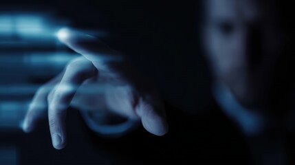 Business professional interacting with futuristic data interface using hand gestures in dark environment