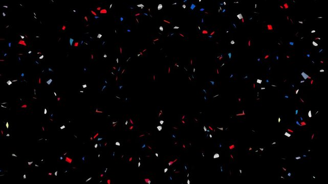 Colorful fireworks explode on black background, animation of explosion and confetti falling in video. Confetti bomb
effect on interior sequin background. Confetti