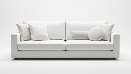 Fototapeta premium A white sofa with various white pillows on it.