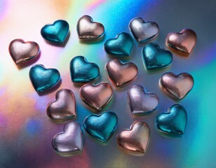 Obraz premium Close-up of many Heart shape 3D metallic iridescent decorations on metallic iridescent background. valentine's day concept