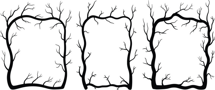 Black branch frame border set with gnarled tree twigs for spooky forest and halloween design