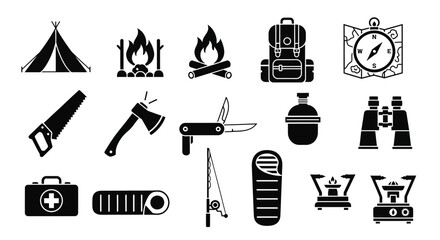 Obraz premium Camping and hiking icons for outdoor adventure and travel planning