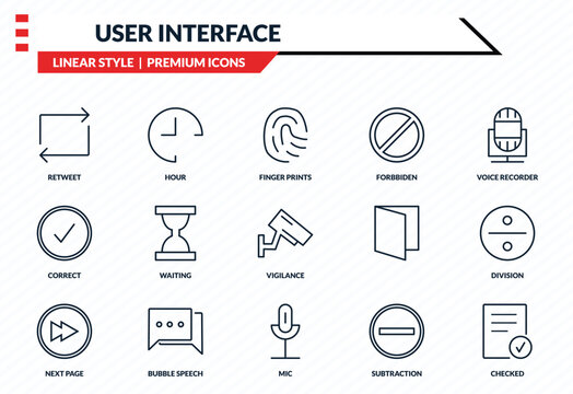 user interface icons set - retweet, hour, correct, mic, checked outline vector collection.