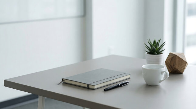 Desk Workspace: a notepad and pen lie neatly beside a succulent plant in a white pot, a cup, and a geometric decoration adorn a clean desk space, capturing a sense of focus and creativity.