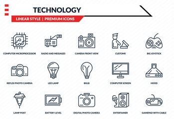 technology icons set - computer microprocessor, radio and messages, reflex photo camera, digital photo camera, gamepad with cable outline vector collection. © IconArt