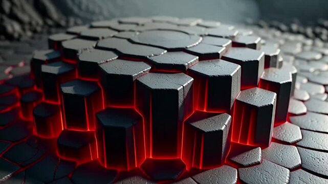 Abstract hexagonal columns with glowing red light emitting from beneath, creating a futuristic and technological atmosphere, intricate geometric pattern on a dark background