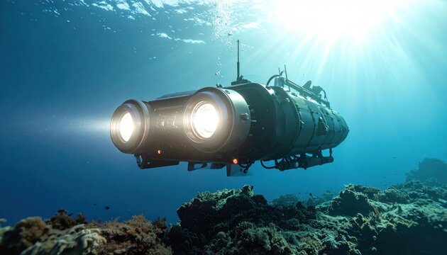 A deep-sea submersible illuminated by bright headlights, exploring a coral reef