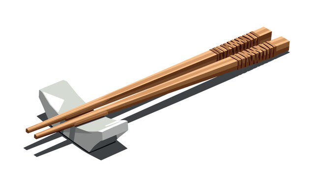 Realistic wooden chopsticks on porcelain rest with shadow