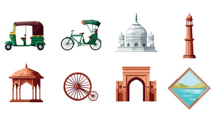 Iconic indian landmarks and transport: auto rickshaw, bicycle, taj mahal, and more in flat design
