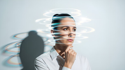 Woman's Mind Enhanced by Futuristic Data Flow Rings. AI, Thought Process, and Technology Concept.