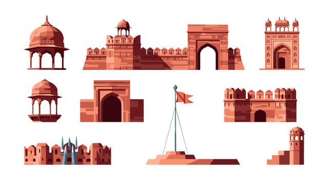 Historic indian forts and architecture elements in flat design
