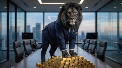 Regal lion dressed in a bespoke navy blue suit and tie exuding confidence and authority in a unique representation of power and leadership