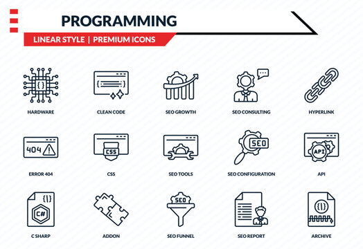 programming icons set - hardware, clean code, error 404, seo funnel, archive outline vector collection.