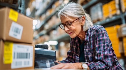 Senior woman scanning barcodes in warehouse logistics