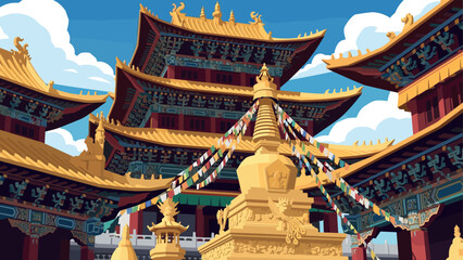 Majestic traditional asian temple with ornate rooftops and colorful prayer flags