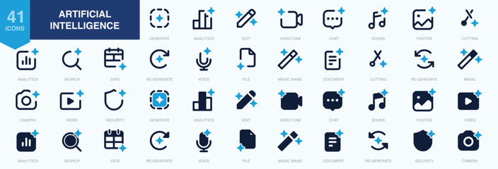 Artificial intelligence icon set. featuring generate, edit, chat, analytics, voice, video, magic, sparkle, stars, prompt, AI, creativity and ai generated icons minimal thin line web icon collection © icons gate