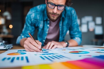 Man analyzing business data reports and charts