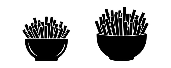 Graphic vector silhouettes of two bowls full of fried potato sticks, perfect for menu icons