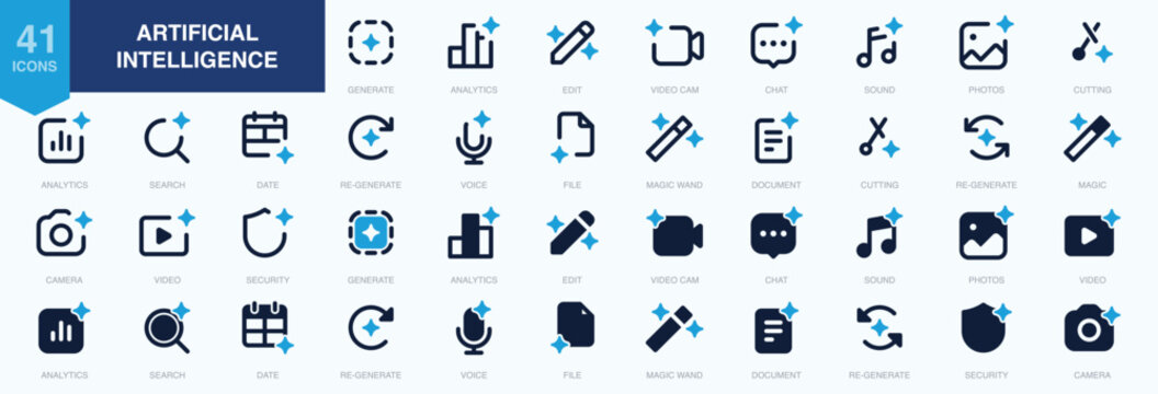 Artificial intelligence icon set. featuring generate, edit, chat, analytics, voice, video, magic, sparkle, stars, prompt, AI, creativity and ai generated icons minimal thin line web icon collection