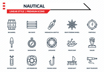 nautical icons set - big barrel, big crate, buoys, fishing hook, boat telescope outline vector collection. © IconArt