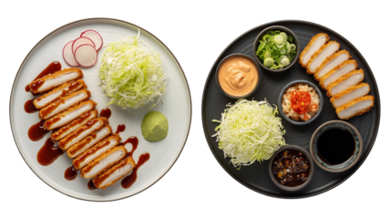 Japanese style crispy fried chicken cutlets with shredded cabbage radish and various sauces, isolated on transparent background
