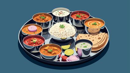 Traditional indian thali with rice, curries, and bread on blue background