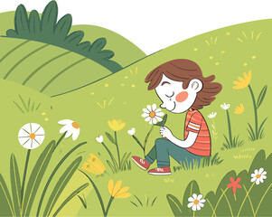 Innocence and Joy  Child Seated in a Sunlit Wildflower Field.