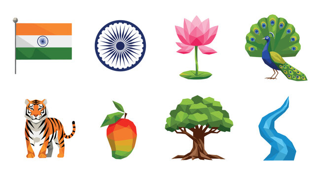 Low poly icons of indian symbols: flag, peacock, lotus, tiger, mango