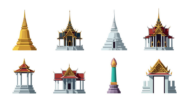 Traditional thai temples and pagodas design set