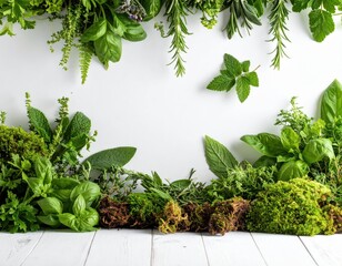 Obraz premium Fresh Green Herbs and Plants on White Background for Culinary Use